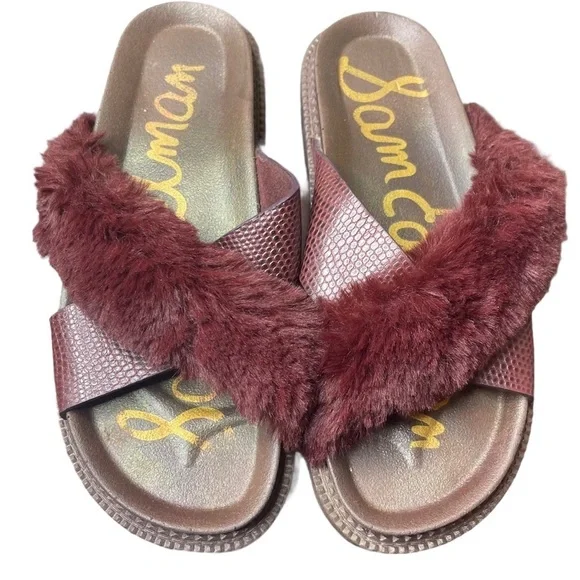 Sam Edelman Bianca Women Leather Vegan Fur Burgundy Leather‎ Platform Sandals - Picture 2 of 6